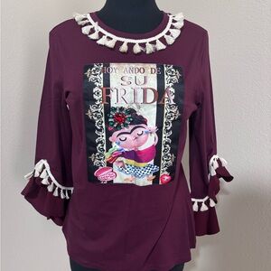 Women's Burgundy Frida Graphic Tassel-Trim Long Sleeve Top